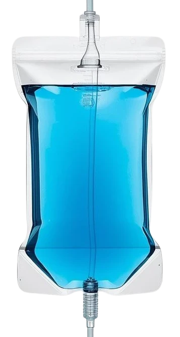Blue intravenous fluid bag